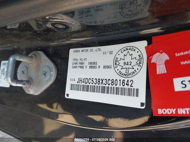 30094259 :رقم المزاد ، JH4DC538X3C801642 vin ، 2003 Acura Rsx مزاد بيع