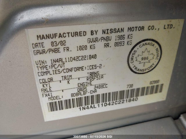 Aukcja sprzedaży 2002 Nissan Altima S/sl, vin: 1N4AL11D42C221840, numer aukcji: 30073880
