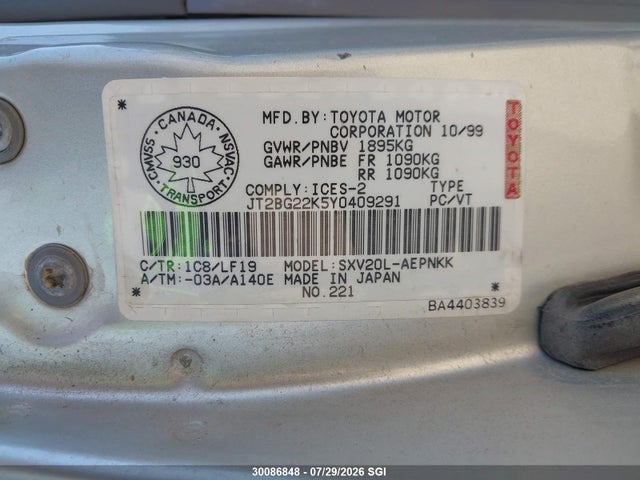 Продаж на аукціоні авто 2000 Toyota Camry Ce/le/xle, vin: JT2BG22K5Y0409291, номер лоту: 30086848