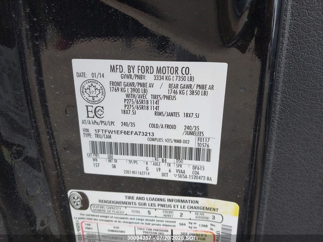 30094357 :رقم المزاد ، 1FTFW1EF6EFA73213 vin ، 2014 Ford F150 Supercrew مزاد بيع
