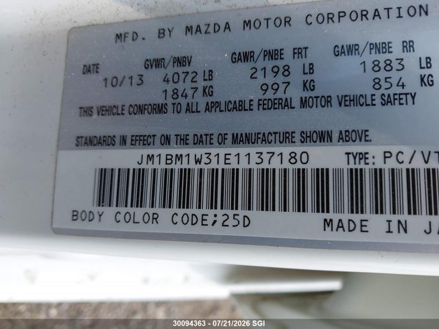 Aukcja sprzedaży 2014 Mazda 3 Grand Touring, vin: JM1BM1W31E1137180, numer aukcji: 30094363