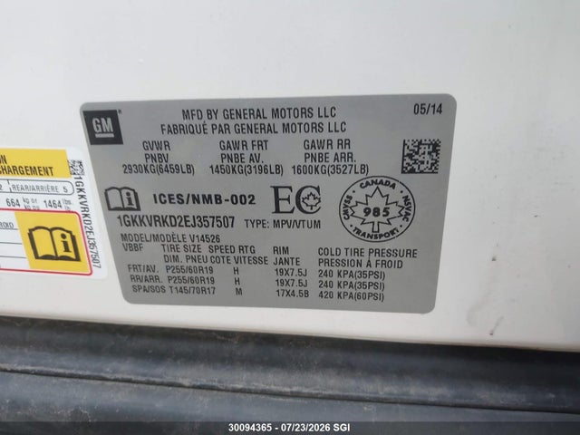 GMC Acadia Slt-1 2014 1GKKVRKD2EJ357507 Image 9
