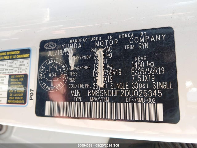 2013 Hyundai Santa Fe Gls მანქანა იყიდება აუქციონზე, vin: KM8SNDHF2DU026345, აუქციონის ნომერი: 30094369