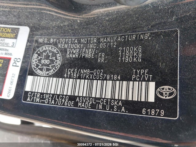 30094372 :رقم المزاد ، 4T1BF1FKXCU578184 vin ، 2012 Toyota Camry Se/le/xle مزاد بيع