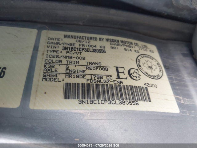 Aukcja sprzedaży 2012 Nissan Versa S/sl, vin: 3N1BC1CP3CL380556, numer aukcji: 30094373
