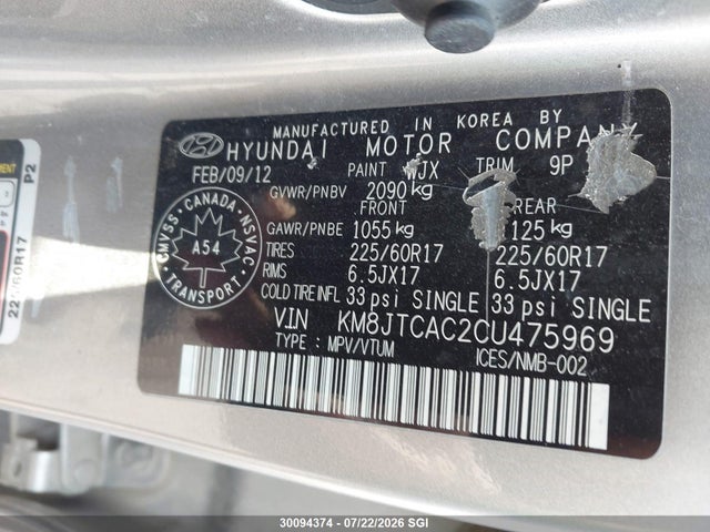 30094374 :رقم المزاد ، KM8JTCAC2CU475969 vin ، 2012 Hyundai Tucson Gl مزاد بيع