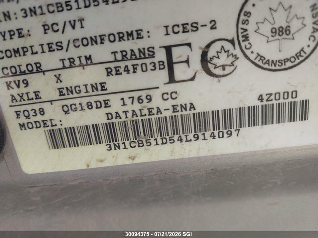 30094375 :رقم المزاد ، 3N1CB51D54L914097 vin ، 2004 Nissan Sentra 1.8/1.8s مزاد بيع