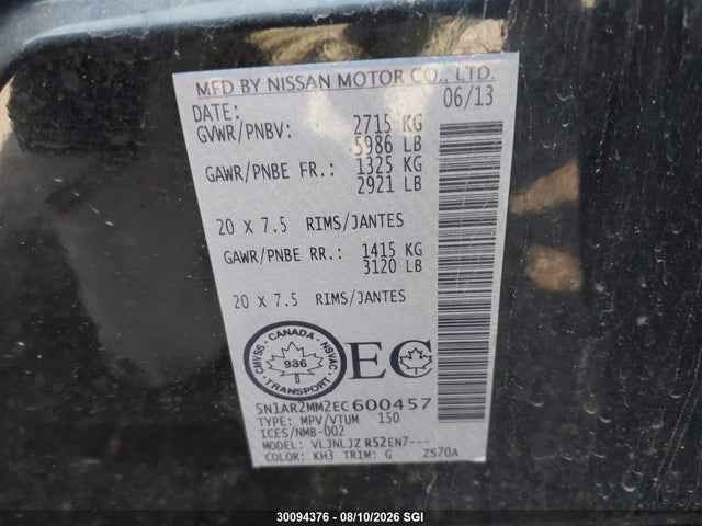 Продаж на аукціоні авто 2014 Nissan Pathfinder S/sv/sl/platinum, vin: 5N1AR2MM2EC600457, номер лоту: 30094376