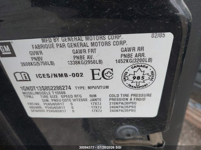 2005 Chevrolet Trailblazer Ls/lt მანქანა იყიდება აუქციონზე, vin: 1GNDT13S852286274, აუქციონის ნომერი: 30094377