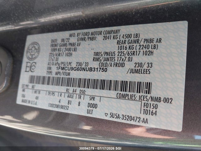 Ford ESCAPE SE 2022 1FMCU9G60NUB31750 Image 9