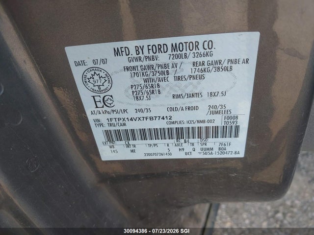 Aukcja sprzedaży 2007 Ford F150, vin: 1FTPX14VX7FB77412, numer aukcji: 30094386