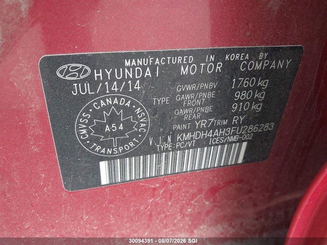 2015 Hyundai Elantra Se/sport/limited მანქანა იყიდება აუქციონზე, vin: KMHDH4AH3FU286283, აუქციონის ნომერი: 30094391