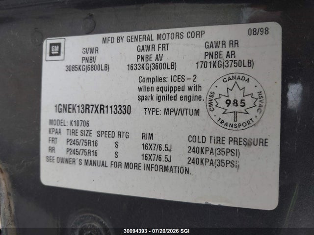 1999 Chevrolet Tahoe K1500 მანქანა იყიდება აუქციონზე, vin: 1GNEK13R7XR113330, აუქციონის ნომერი: 30094393