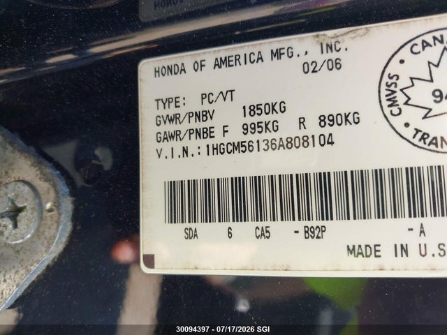 Продажа на аукционе авто 2006 Honda Accord Value, vin: 1HGCM56136A808104, номер лота: 30094397