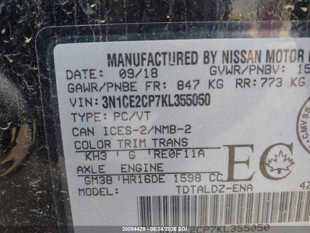Nissan Versa Note S/sr/sv 2019 3N1CE2CP7KL355050 Image 9