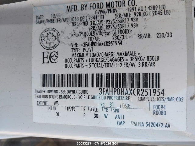 2012 Ford Fusion Se მანქანა იყიდება აუქციონზე, vin: 3FAHP0HAXCR251954, აუქციონის ნომერი: 30093277