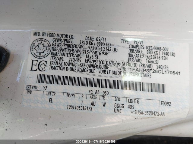 2012 Ford Focus Se მანქანა იყიდება აუქციონზე, vin: 1FAHP3F26CL170641, აუქციონის ნომერი: 30092919