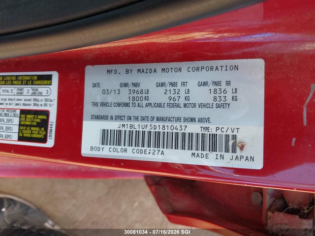 30081034 :رقم المزاد ، JM1BL1UF5D1810437 vin ، 2013 Mazda 3 I مزاد بيع