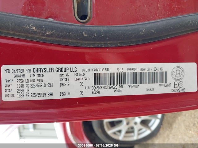 Продаж на аукціоні авто 2012 Dodge Journey R/t, vin: 3C4PDDFGXCT300926, номер лоту: 30094006