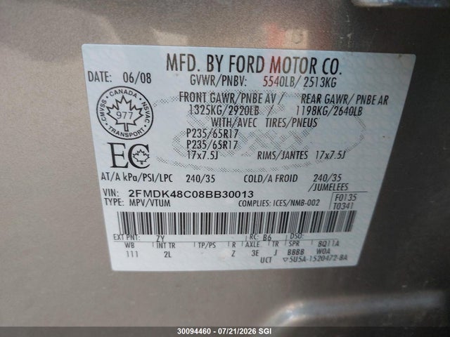 30094460 :رقم المزاد ، 2FMDK48C08BB30013 vin ، 2008 Ford Edge Sel مزاد بيع