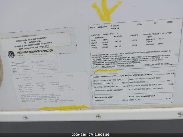30094236 :رقم المزاد ، 4WYT32R2891750988 vin ، 2009 R-vision  مزاد بيع