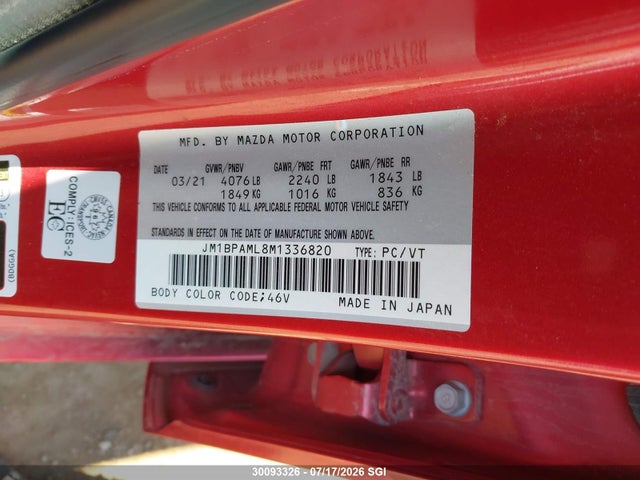 2021 Mazda 3 Premium მანქანა იყიდება აუქციონზე, vin: JM1BPAML8M1336820, აუქციონის ნომერი: 30093326