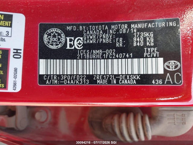 Продаж на аукціоні авто 2015 Toyota Corolla L/le/le Pls/prm/s/s Pls, vin: 2T1BURHE1FC240741, номер лоту: 30094216