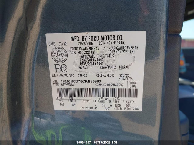 Продажа на аукционе авто 2012 Ford Escape Xlt, vin: 1FMCU0D75CKB95963, номер лота: 30094447