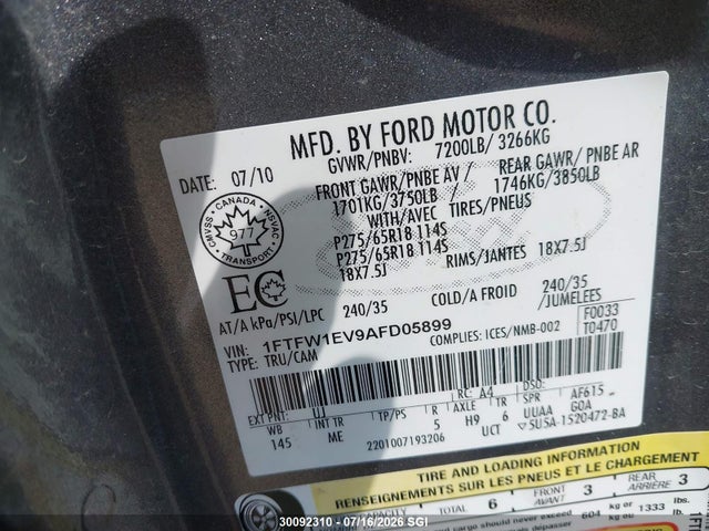 2010 Ford F150 Supercrew მანქანა იყიდება აუქციონზე, vin: 1FTFW1EV9AFD05899, აუქციონის ნომერი: 30092310