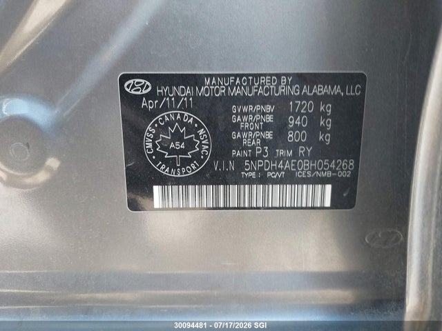 Aukcja sprzedaży 2011 Hyundai Elantra Gls/limited, vin: 5NPDH4AE0BH054268, numer aukcji: 30094481