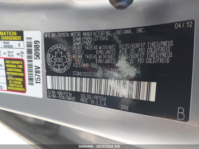 Aukcja sprzedaży 2012 Toyota Sienna Le, vin: 5TDKK3DC6CS247713, numer aukcji: 30094486