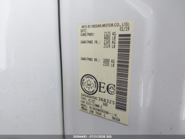 30094493 :رقم المزاد ، 1N4AA6AV5KC368325 vin ، 2019 Nissan Maxima S/sl/sr/sv/platinum مزاد بيع