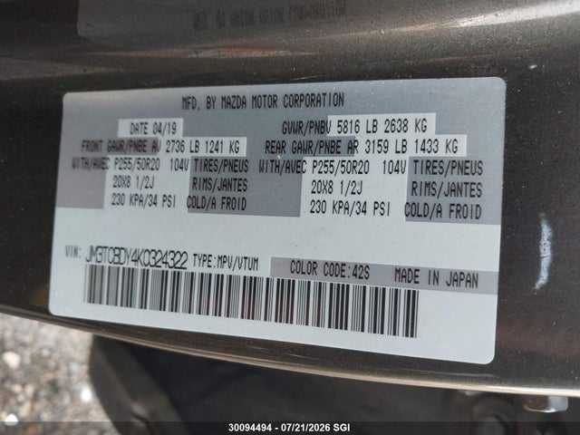 Mazda Cx-9 Grand Touring 2019 JM3TCBDY4K0324322 Image 9