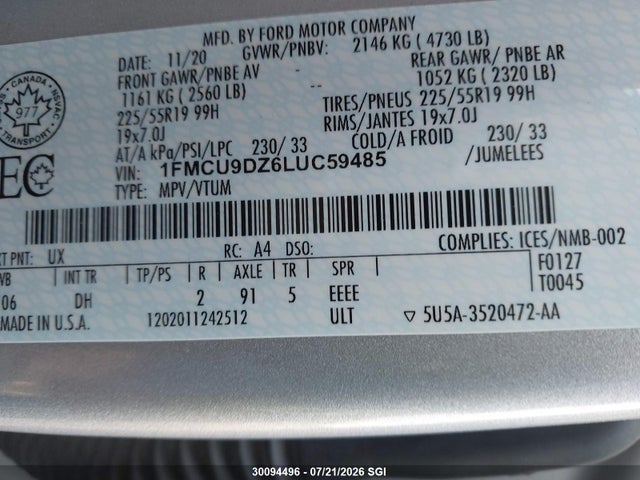 30094496 :رقم المزاد ، 1FMCU9DZ6LUC59485 vin ، 2020 Ford Escape Titanium مزاد بيع