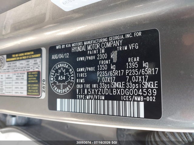 30093074 :رقم المزاد ، 5XYZUDLBXDG004539 vin ، 2013 Hyundai Santa Fe Sport 2.4 Luxury مزاد بيع