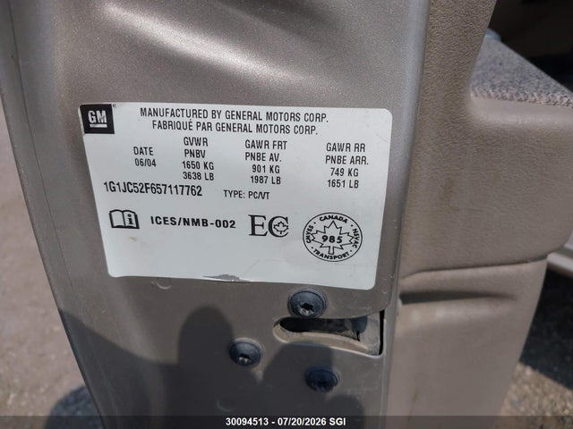 2005 Chevrolet Cavalier მანქანა იყიდება აუქციონზე, vin: 1G1JC52F657117762, აუქციონის ნომერი: 30094513