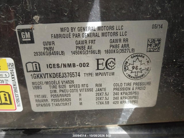 30094514 :رقم المزاد ، 1GKKVTKD6EJ376574 vin ، 2014 Gmc Acadia Denali مزاد بيع