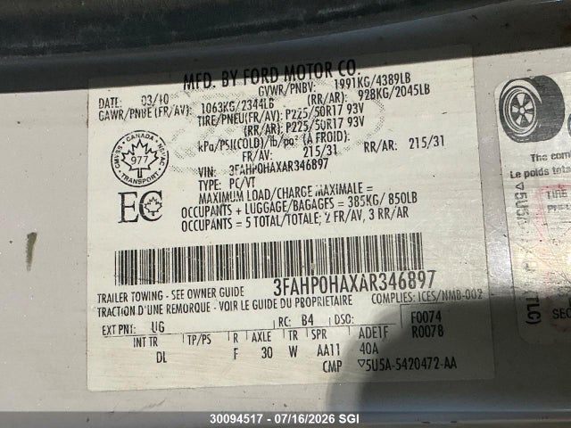 2010 Ford Fusion Se მანქანა იყიდება აუქციონზე, vin: 3FAHP0HAXAR346897, აუქციონის ნომერი: 30094517