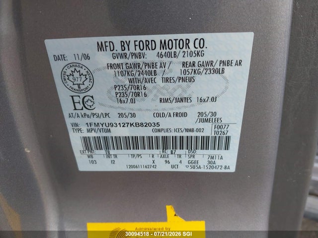 30094518 :رقم المزاد ، 1FMYU93127KB82035 vin ، 2007 Ford Escape Xlt مزاد بيع