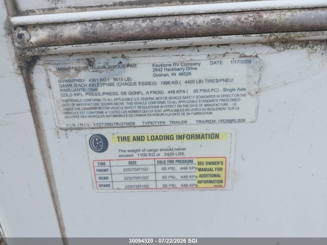 2008 Keystone Bullet მანქანა იყიდება აუქციონზე, vin: 4YDT29927V270628, აუქციონის ნომერი: 30094520