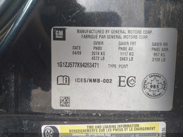 30094440 :رقم المزاد ، 1G1ZJ577X94263471 vin ، 2009 Chevrolet Malibu 2lt مزاد بيع