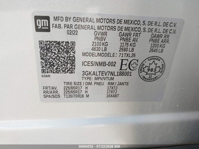 Aukcja sprzedaży 2022 Gmc Terrain Sle, vin: 3GKALTEV7NL188001, numer aukcji: 30094552