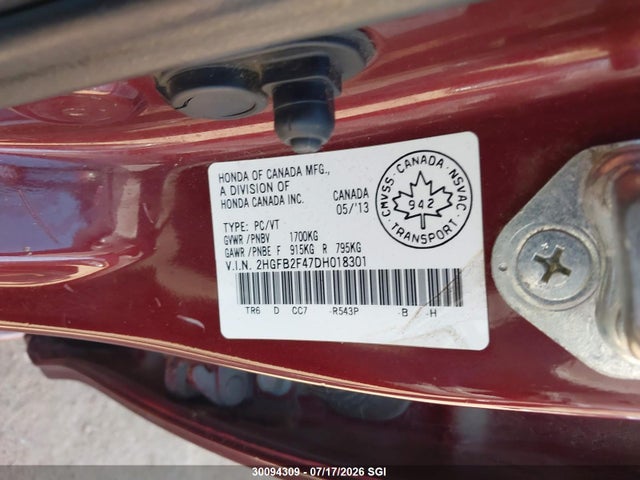 Aukcja sprzedaży 2013 Honda Civic Lx, vin: 2HGFB2F47DH018301, numer aukcji: 30094309
