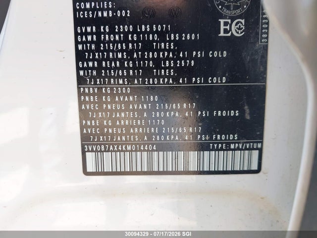 Volkswagen TIGUAN S 2019 3VV0B7AX4KM014404 Image 9