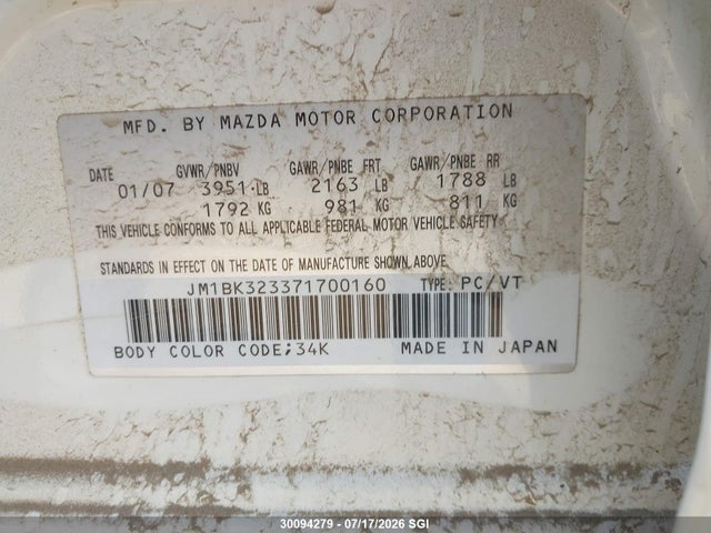 Продаж на аукціоні авто 2007 Mazda 3 S, vin: JM1BK323371700160, номер лоту: 30094279