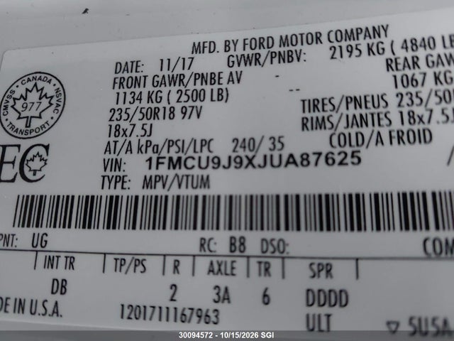 30094572 :رقم المزاد ، 1FMCU9J9XJUA87625 vin ، 2018 Ford Escape Titanium مزاد بيع