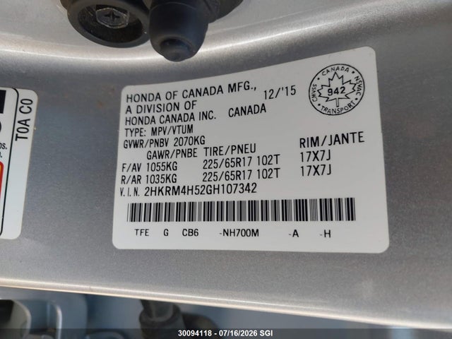 Aukcja sprzedaży 2016 Honda Cr-v Ex, vin: 2HKRM4H52GH107342, numer aukcji: 30094118