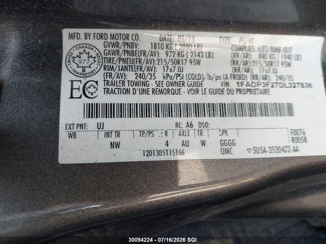 2013 Ford Focus Se მანქანა იყიდება აუქციონზე, vin: 1FADP3F27DL327836, აუქციონის ნომერი: 30094224