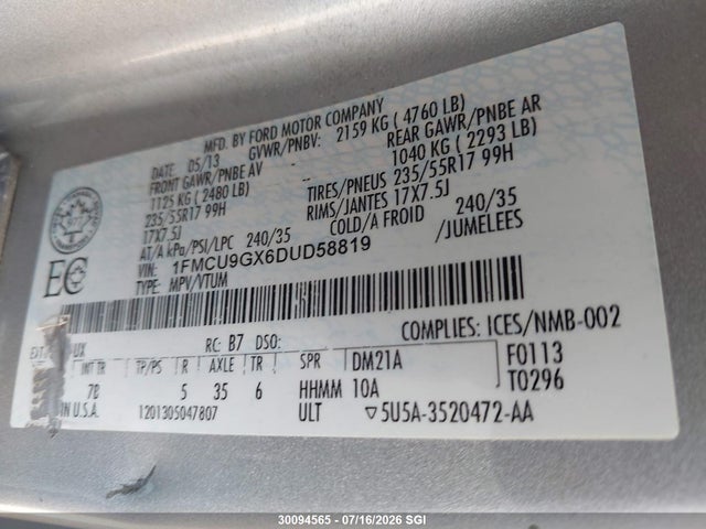 30094565 :رقم المزاد ، 1FMCU9GX6DUD58819 vin ، 2013 Ford Escape Se مزاد بيع