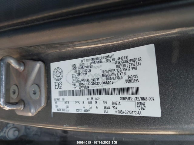Aukcja sprzedaży 2013 Ford Escape Se, vin: 1FMCU9G9XDUB66918, numer aukcji: 30094015